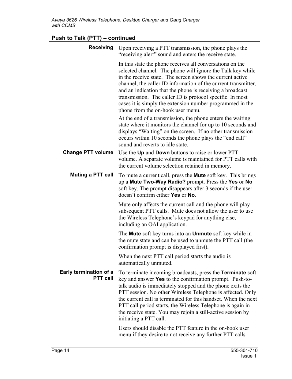 Push to talk \(ptt\) – continued, Push to talk (ptt) – continued | Avaya Desktop Charger User Manual | Page 14 / 24