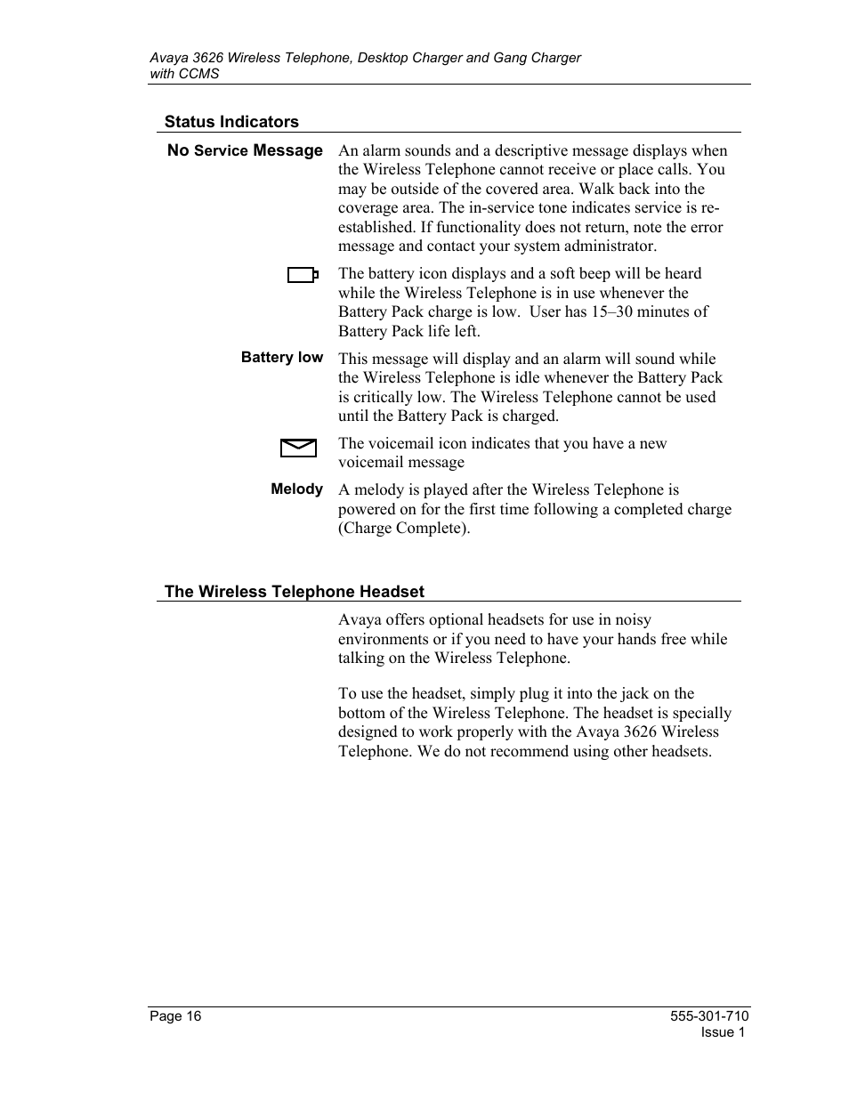 Status indicators, The wireless telephone headset | Avaya Desktop Charger User Manual | Page 16 / 24