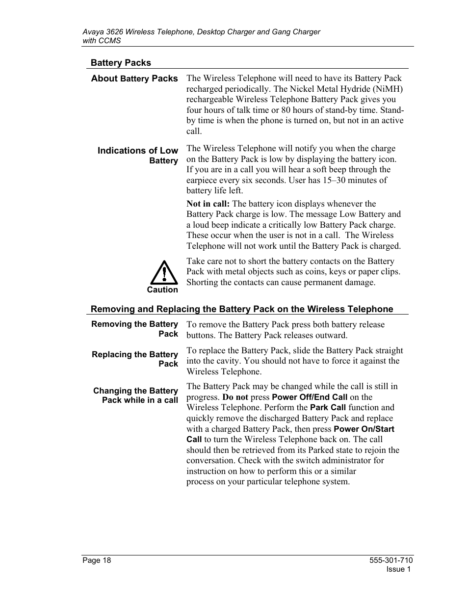 Battery packs | Avaya Desktop Charger User Manual | Page 18 / 24