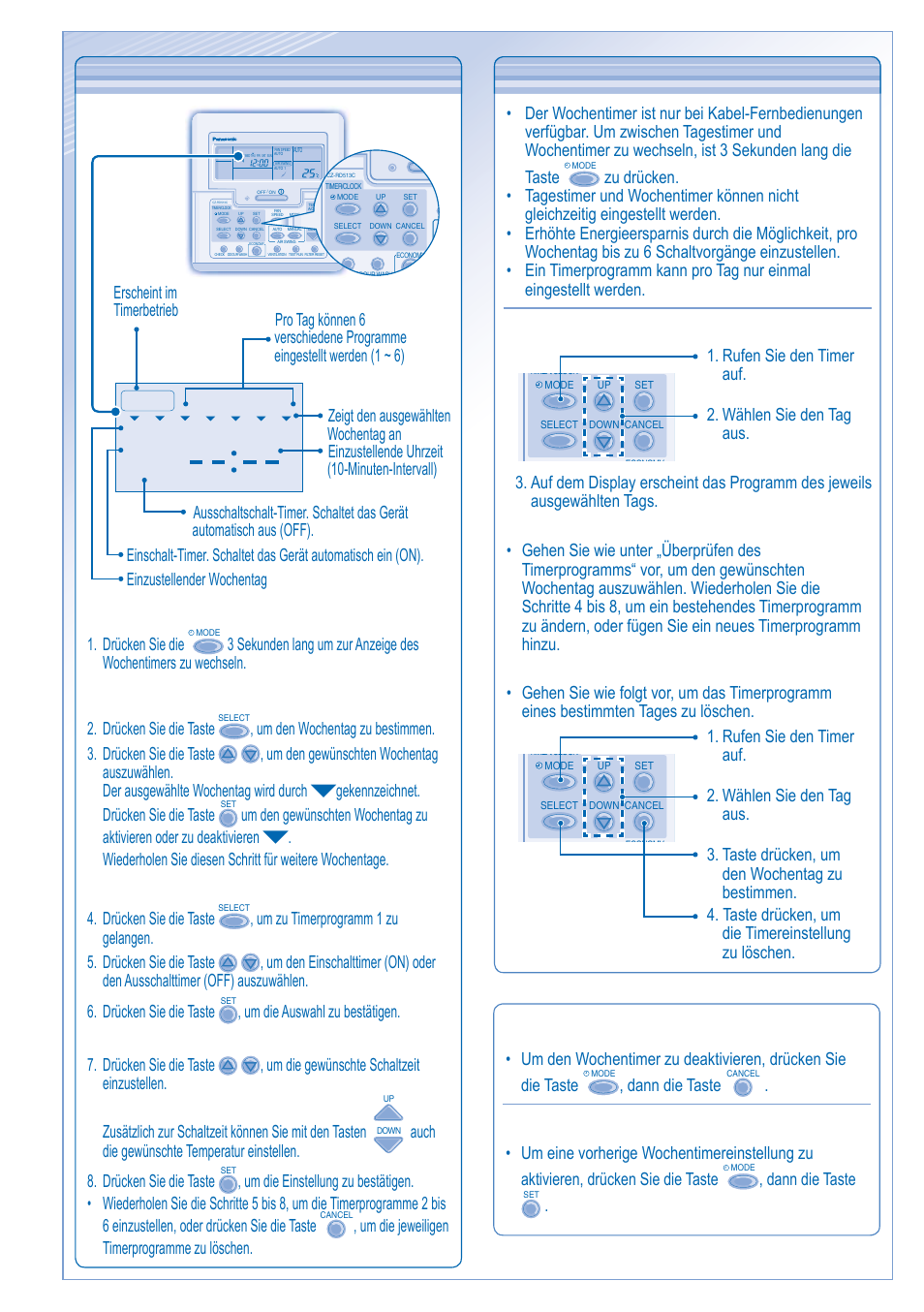 Einstellen des wochentimers, Hinweise zu den betriebsarten, On off timer | Wechseln der anzeige 1. drücken sie die, Dann die taste | Panasonic KITYH28DTE5 User Manual | Page 8 / 12