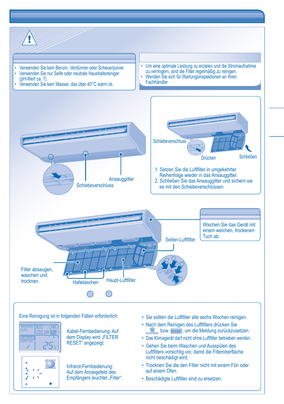 Pflege und reinigung, Wartung des luftfi lters | Panasonic KITYH28DTE5 User Manual | Page 9 / 12