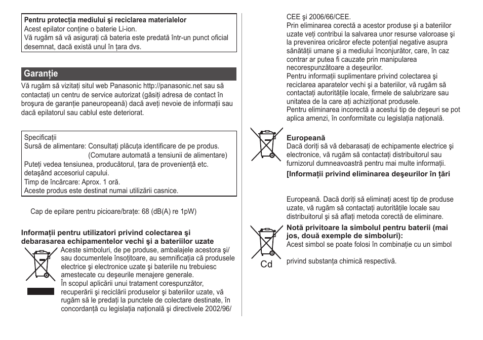 Garanţie | Panasonic ESWD22 User Manual | Page 100 / 114