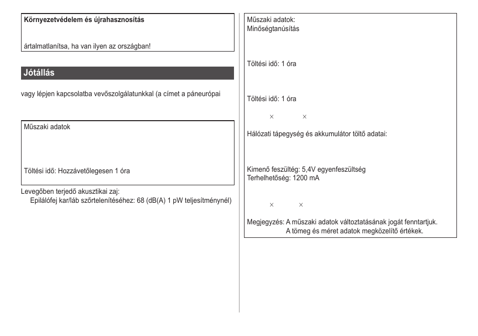 Jótállás | Panasonic ESWD22 User Manual | Page 106 / 114