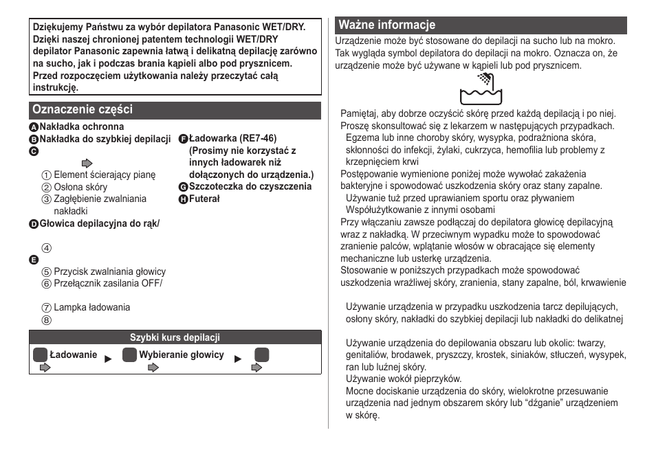 Oznaczenie części, Ważne informacje | Panasonic ESWD22 User Manual | Page 76 / 114