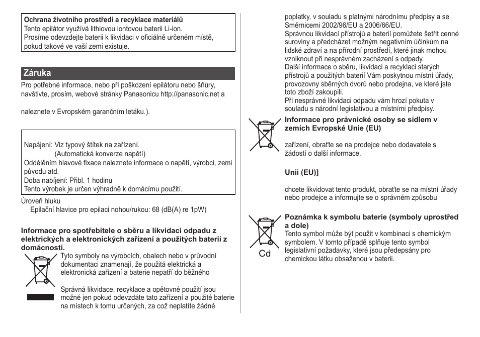 Záruka | Panasonic ESWD22 User Manual | Page 88 / 114