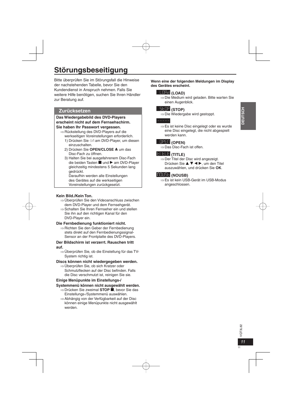 Störungsbeseitigung, Zurücksetzen | Panasonic DVDS68EG User Manual | Page 11 / 80