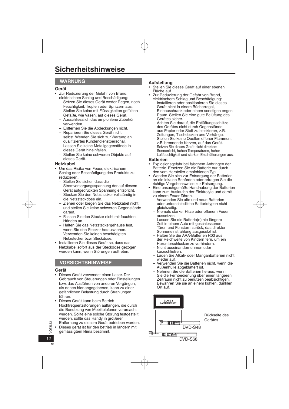 Sicherheitshinweise, Warnung, Vorsichtshinweise | Panasonic DVDS68EG User Manual | Page 12 / 80