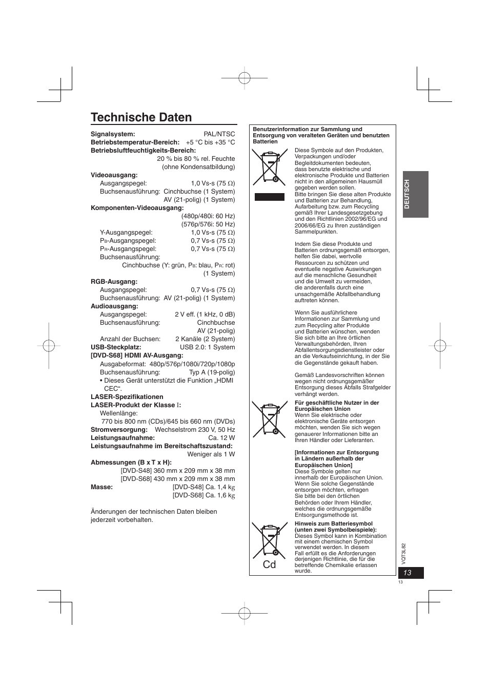 Technische daten | Panasonic DVDS68EG User Manual | Page 13 / 80