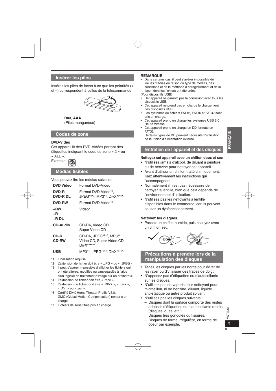 Entretien de l’appareil et des disques, Insérer les piles, Codes de zone | Médias lisibles | Panasonic DVDS68EG User Manual | Page 15 / 80