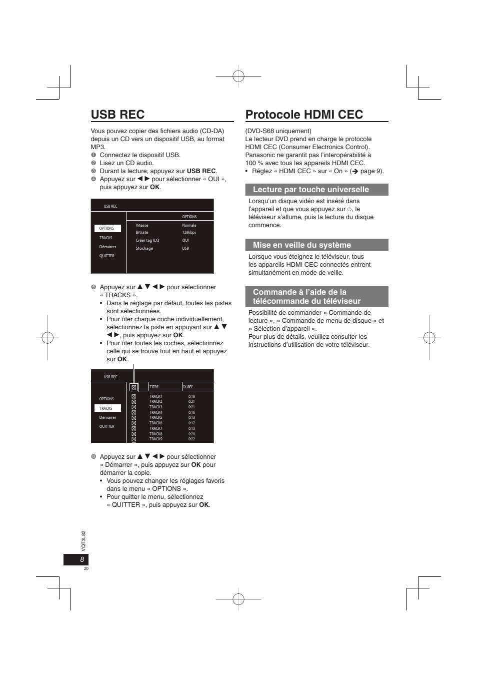 Usb rec protocole hdmi cec, Lecture par touche universelle, Mise en veille du système | Commande à l’aide de la télécommande du téléviseur | Panasonic DVDS68EG User Manual | Page 20 / 80