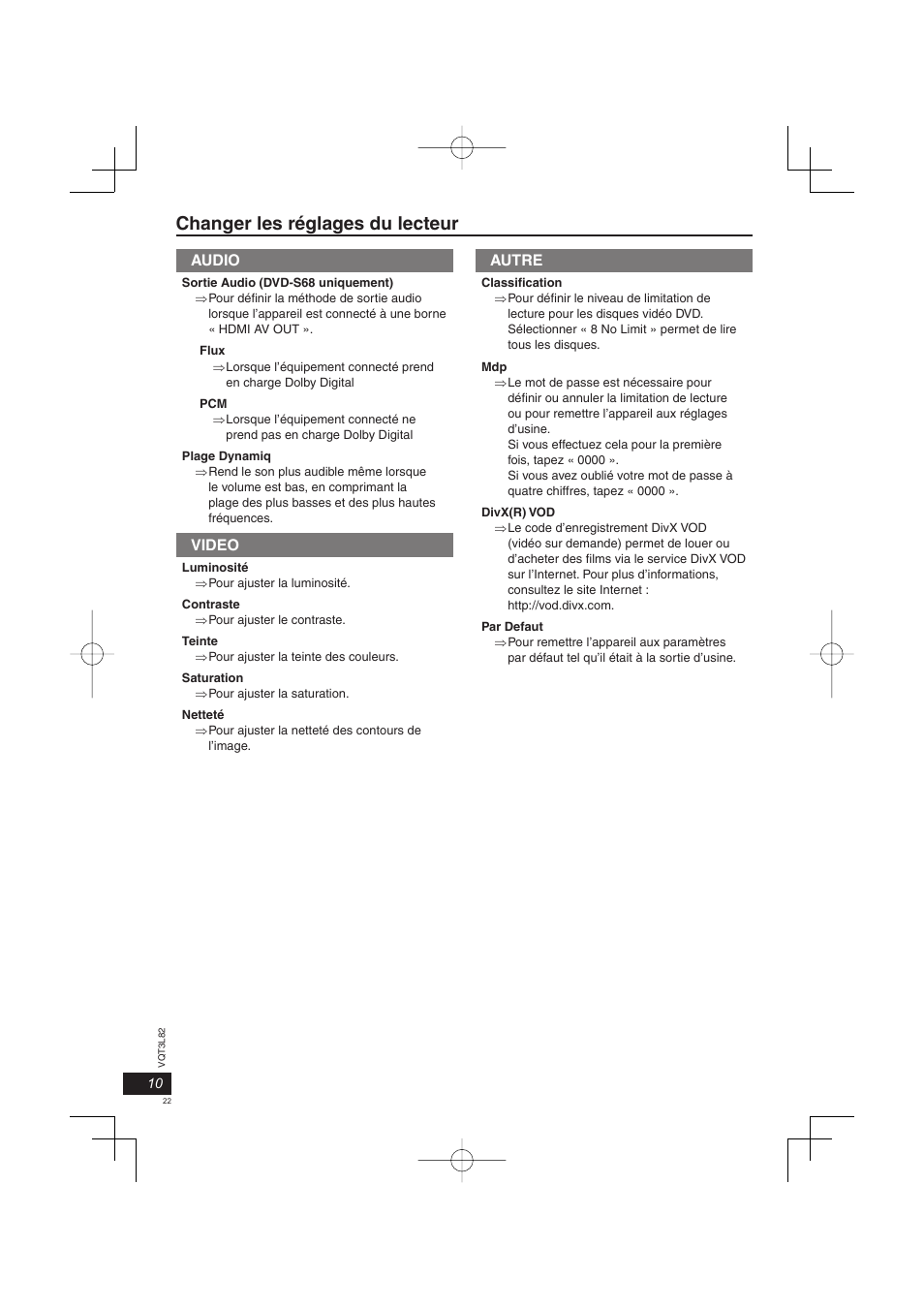 Changer les réglages du lecteur, Audio, Video | Autre | Panasonic DVDS68EG User Manual | Page 22 / 80