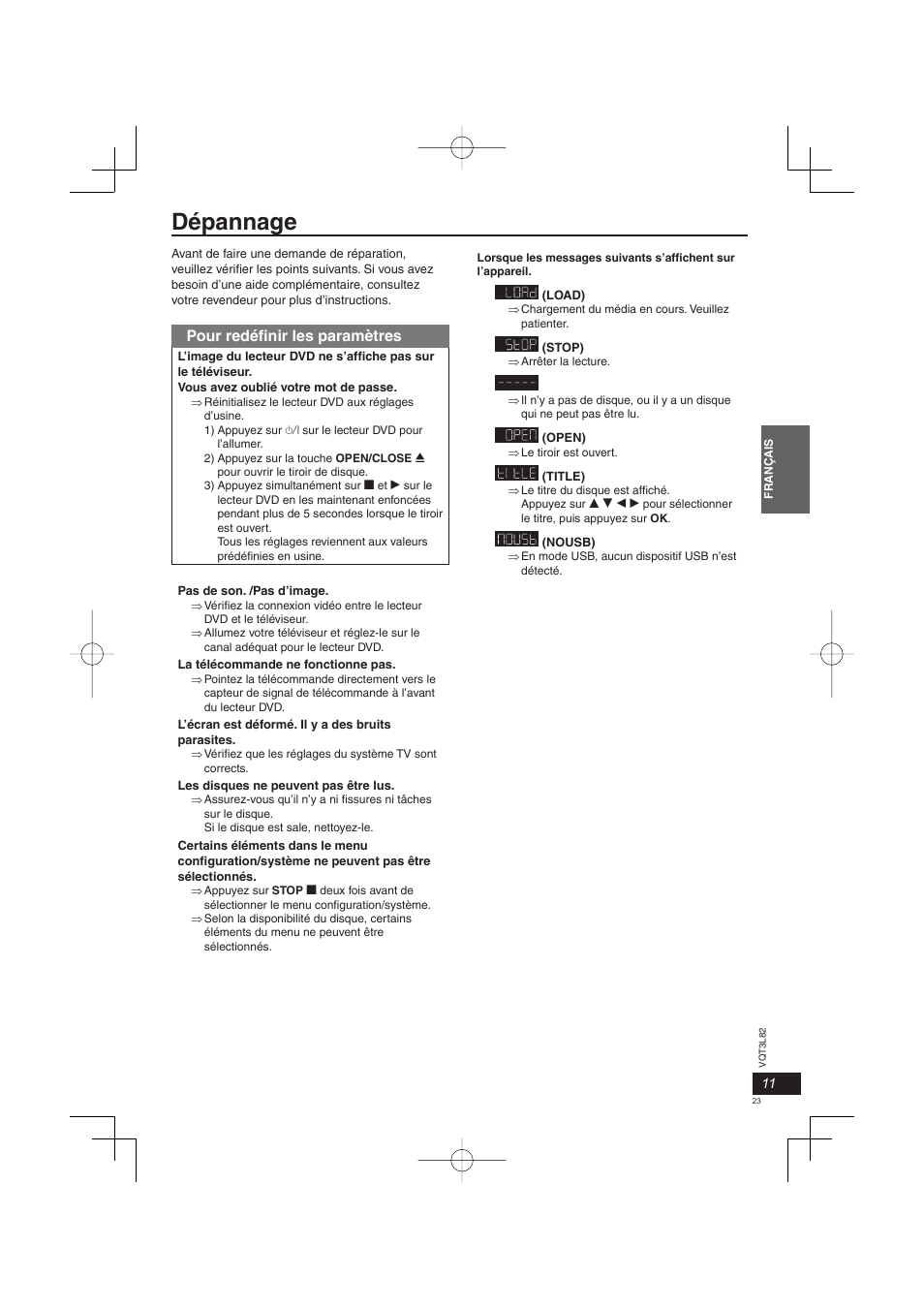 Dépannage, Pour redéfi nir les paramètres | Panasonic DVDS68EG User Manual | Page 23 / 80