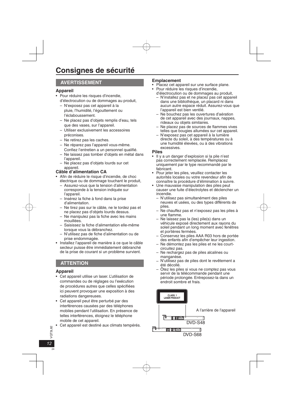 Consignes de sécurité, Avertissement, Attention | Panasonic DVDS68EG User Manual | Page 24 / 80