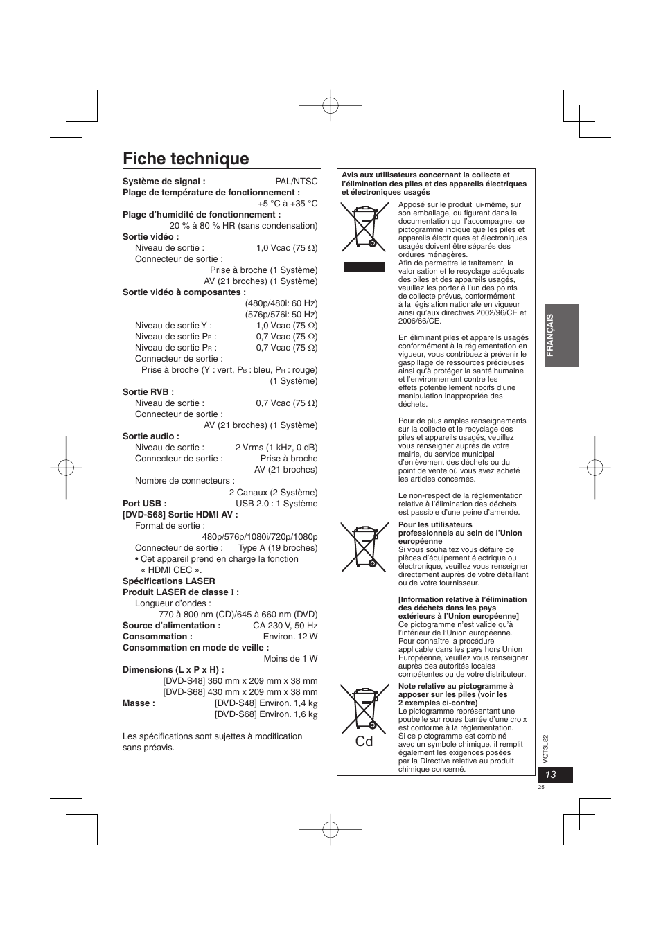 Fiche technique | Panasonic DVDS68EG User Manual | Page 25 / 80