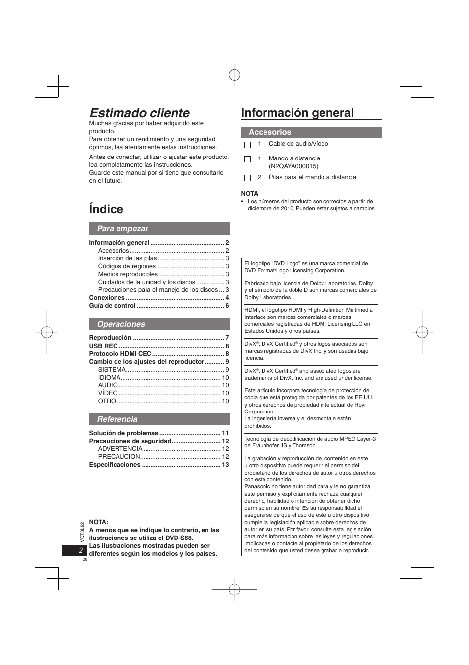 Vqt3l82_dvd-s68-s48_eg-sp_101225.pdf, Estimado cliente, Índice | Información general, Para empezar, Operaciones, Referencia, Accesorios | Panasonic DVDS68EG User Manual | Page 26 / 80