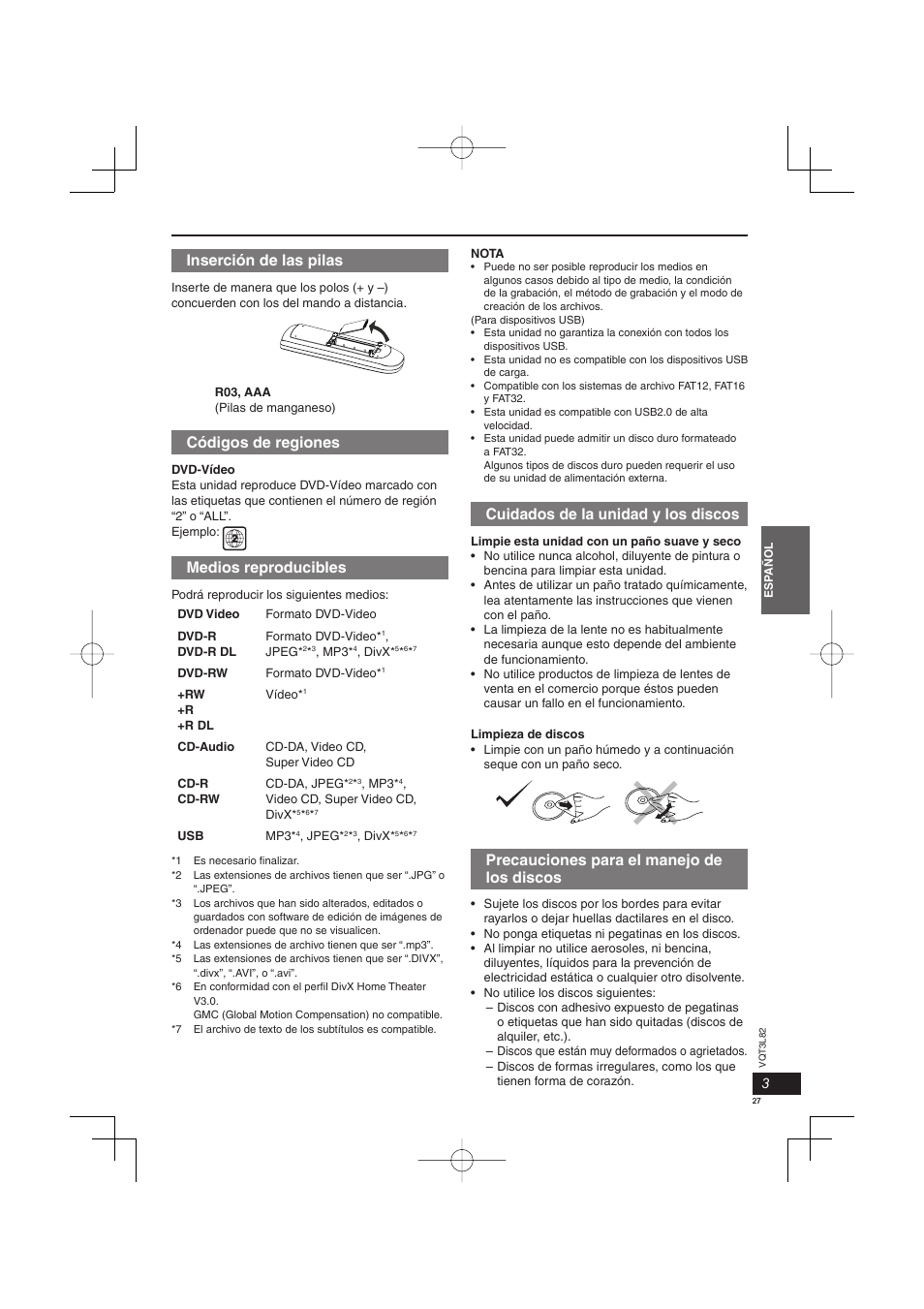 Cuidados de la unidad y los discos, Precauciones para el manejo de los discos, Inserción de las pilas | Códigos de regiones, Medios reproducibles | Panasonic DVDS68EG User Manual | Page 27 / 80