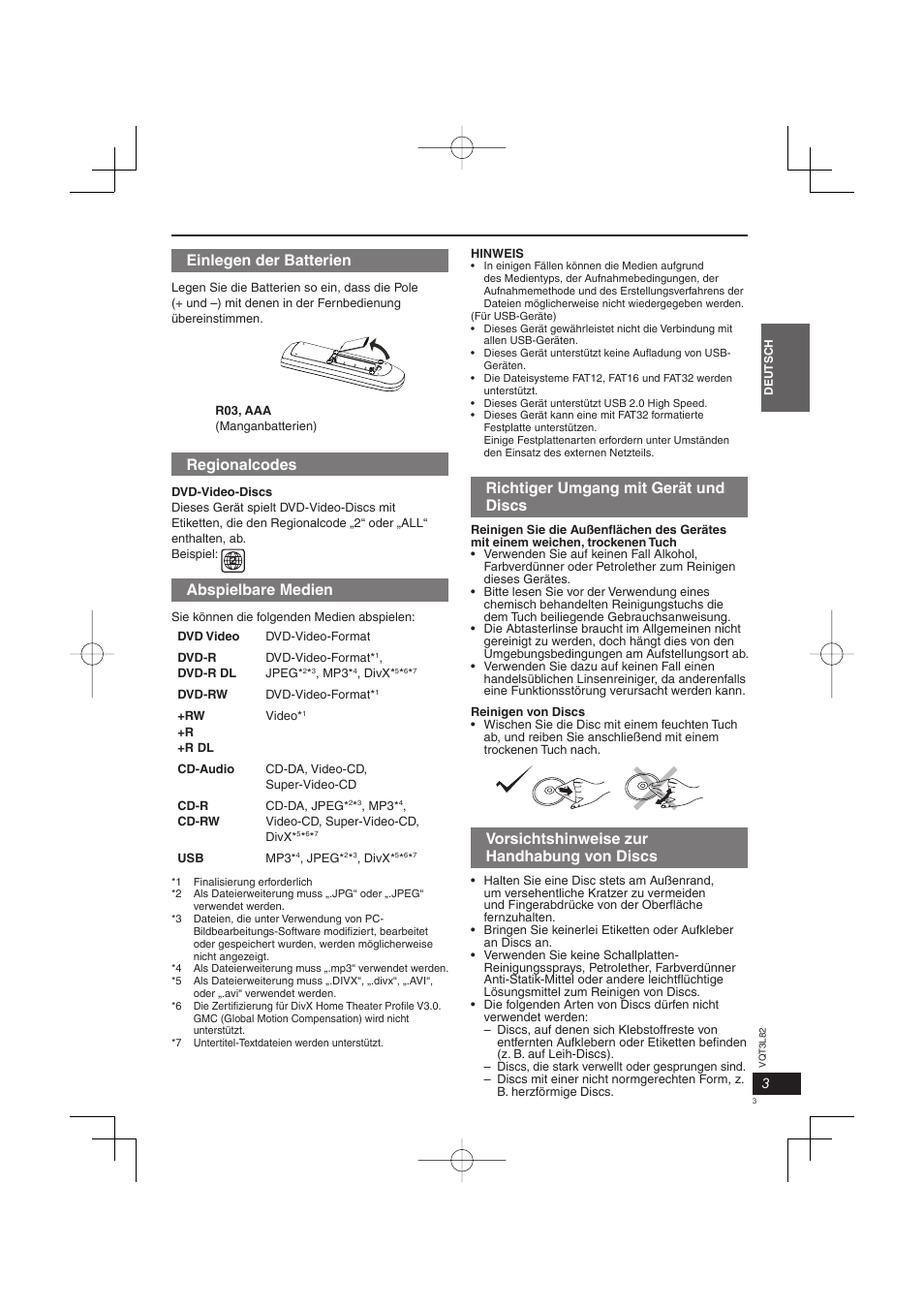 Richtiger umgang mit gerät und discs, Vorsichtshinweise zur handhabung von discs, Einlegen der batterien | Regionalcodes, Abspielbare medien | Panasonic DVDS68EG User Manual | Page 3 / 80