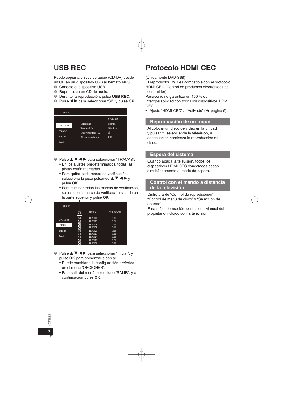 Usb rec protocolo hdmi cec, Reproducción de un toque, Espera del sistema | Control con el mando a distancia de la televisión | Panasonic DVDS68EG User Manual | Page 32 / 80