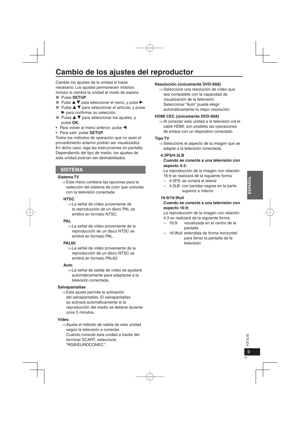 Cambio de los ajustes del reproductor, Sistema | Panasonic DVDS68EG User Manual | Page 33 / 80