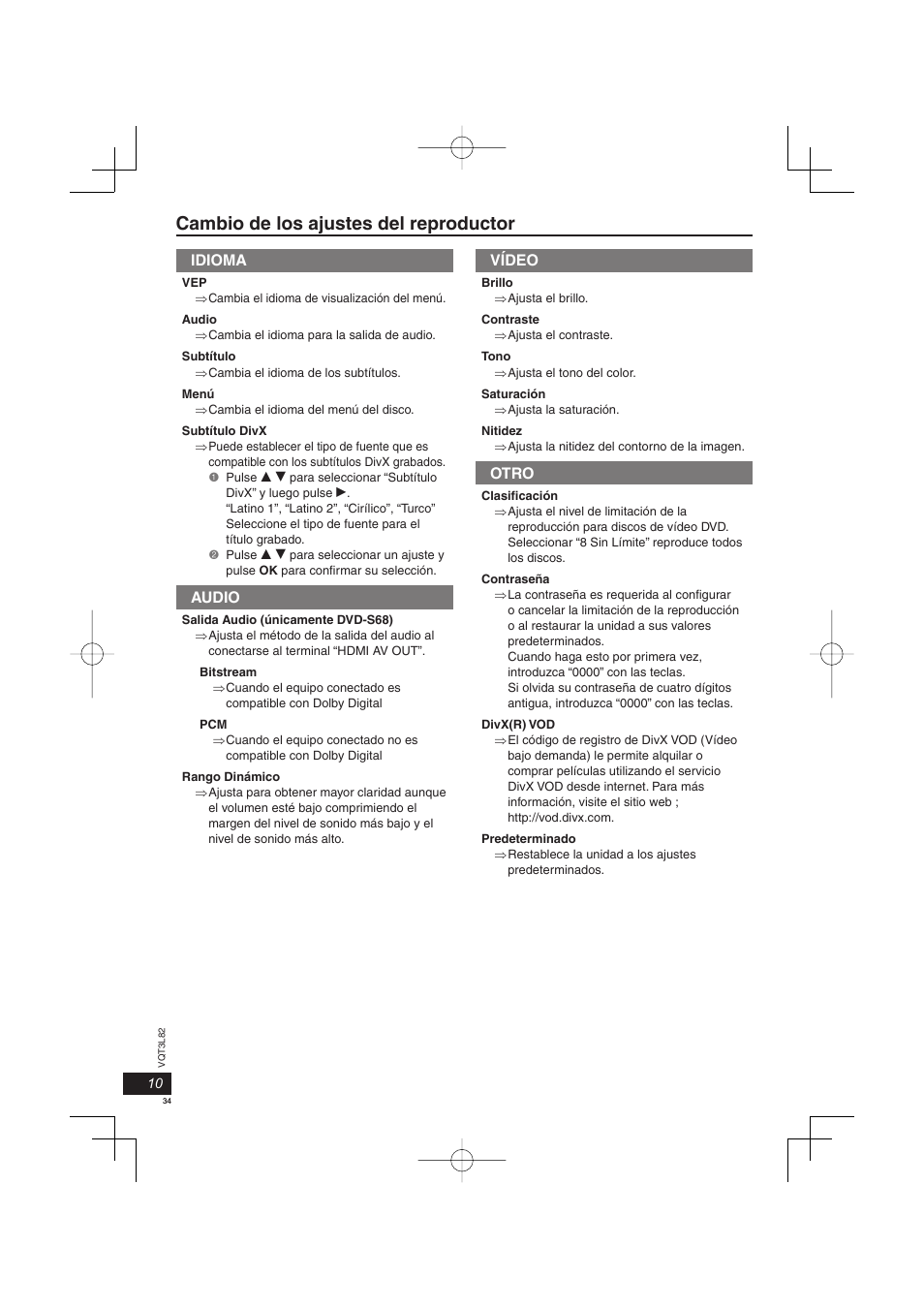 Cambio de los ajustes del reproductor, Idioma, Audio | Vídeo, Otro | Panasonic DVDS68EG User Manual | Page 34 / 80