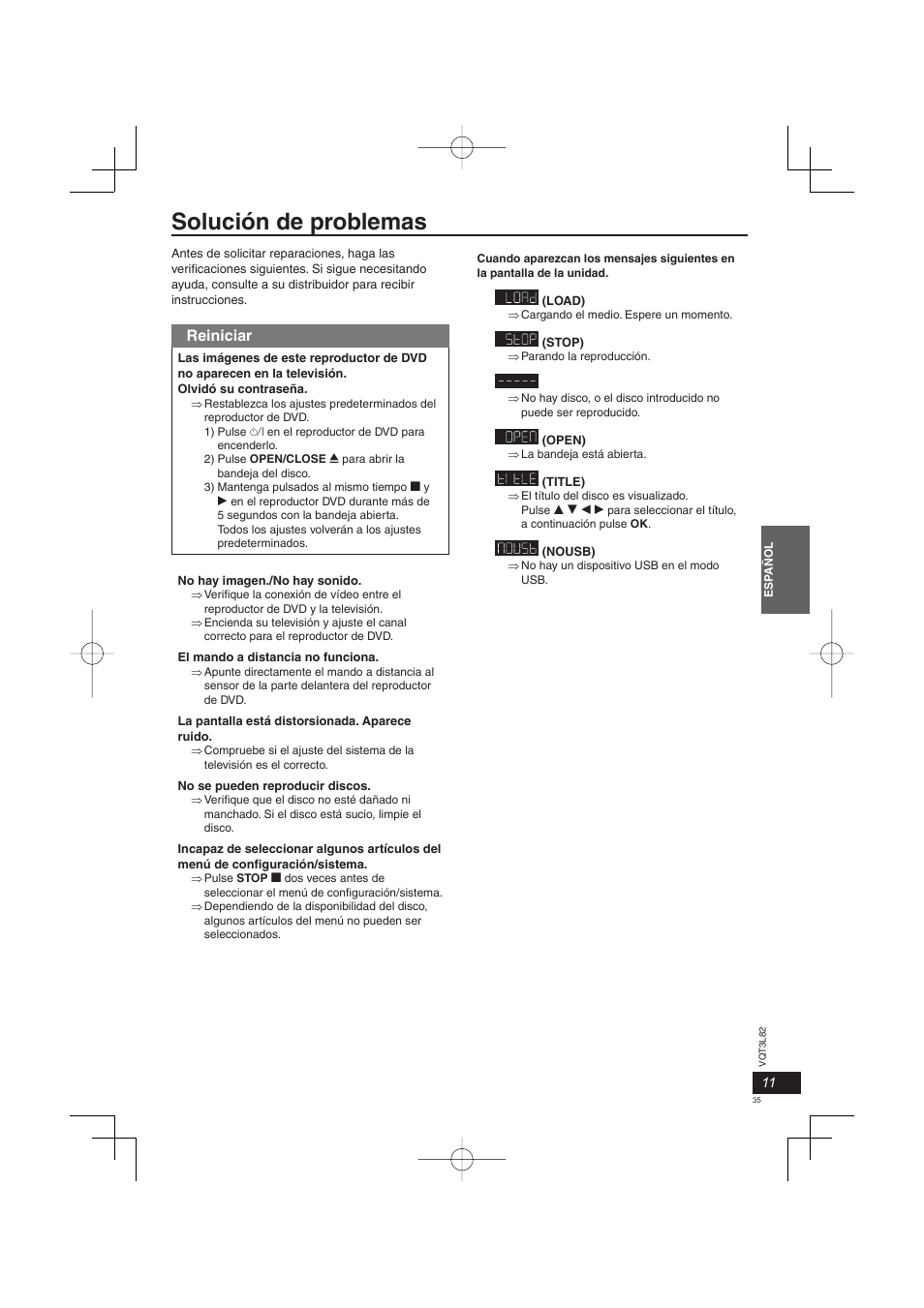 Solución de problemas, Reiniciar | Panasonic DVDS68EG User Manual | Page 35 / 80