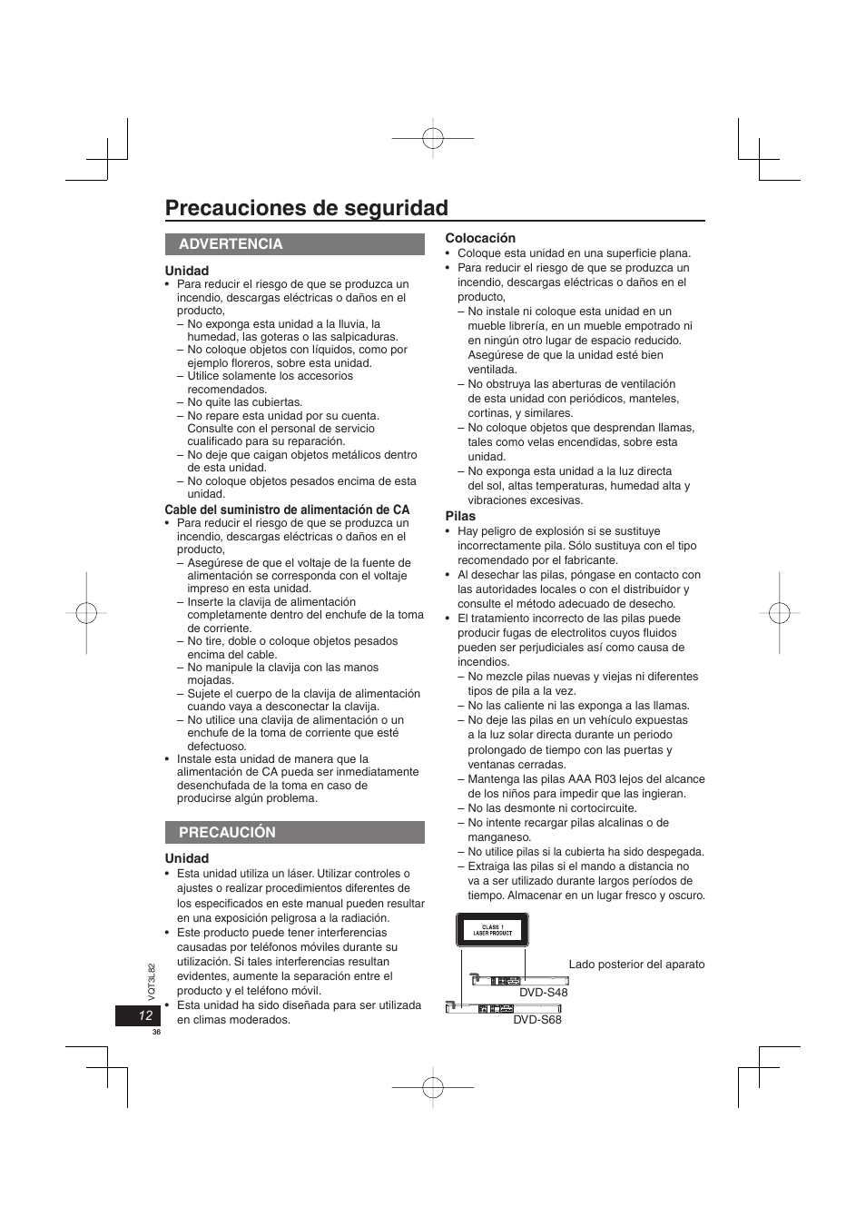 Precauciones de seguridad, Advertencia, Precaución | Panasonic DVDS68EG User Manual | Page 36 / 80