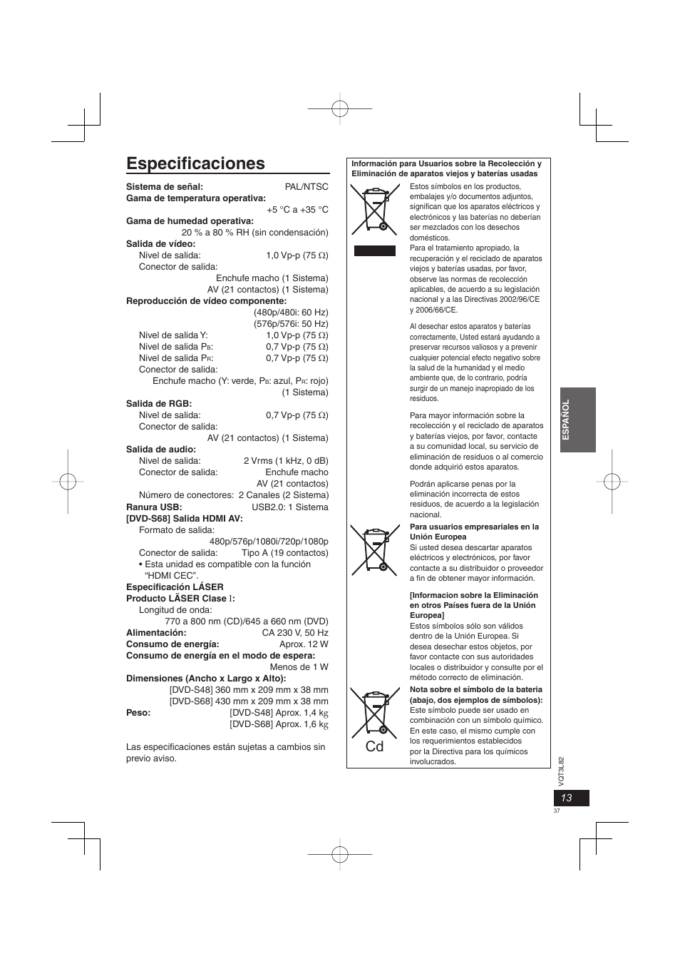 Especifi caciones | Panasonic DVDS68EG User Manual | Page 37 / 80