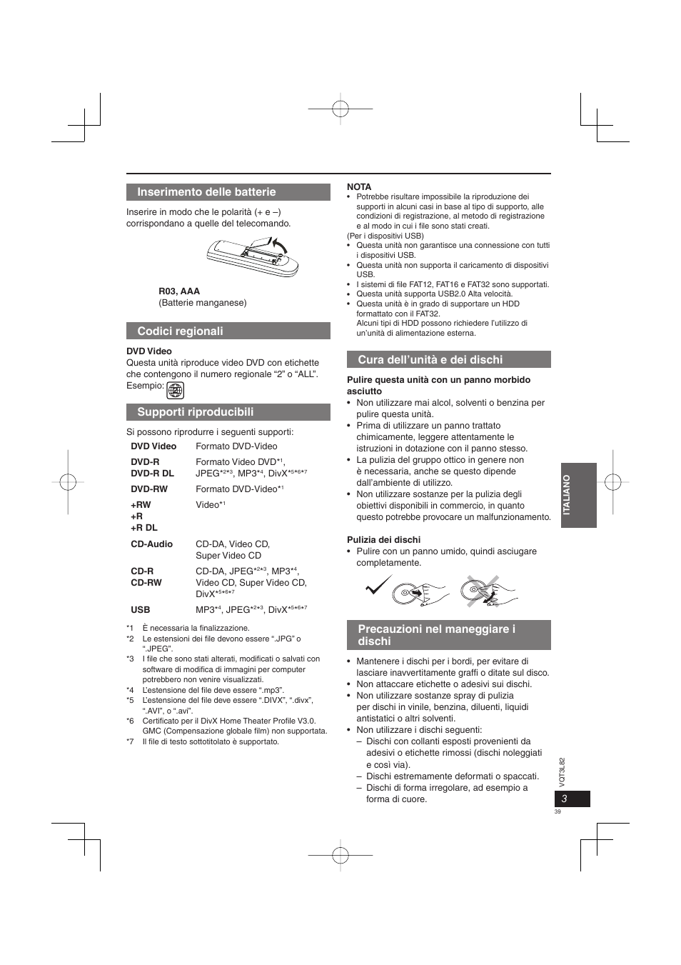 Cura dell’unità e dei dischi, Precauzioni nel maneggiare i dischi, Inserimento delle batterie | Codici regionali, Supporti riproducibili | Panasonic DVDS68EG User Manual | Page 39 / 80