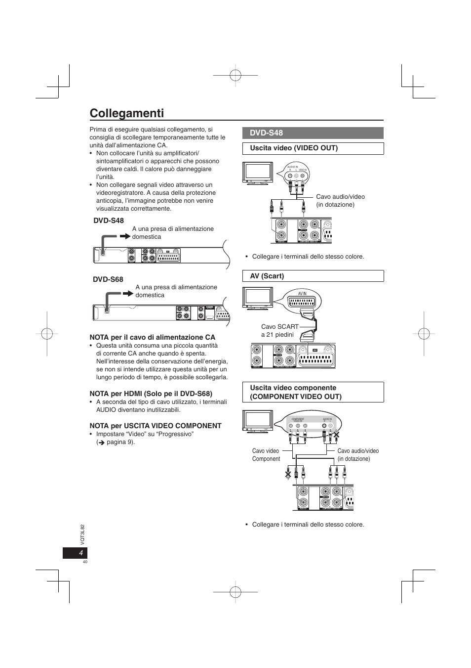 Collegamenti, Dvd-s48, Video out | Video o ut, Dvd-s68 dvd-s48, Nota per il cavo di alimentazione ca, Nota per hdmi (solo pe il dvd-s68), Nota per uscita video component, Uscita video (video out), Av (scart) | Panasonic DVDS68EG User Manual | Page 40 / 80