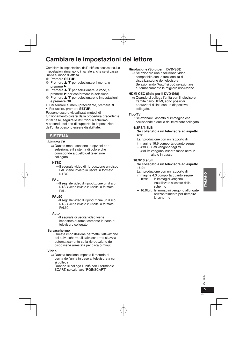 Cambiare le impostazioni del lettore, Sistema | Panasonic DVDS68EG User Manual | Page 45 / 80