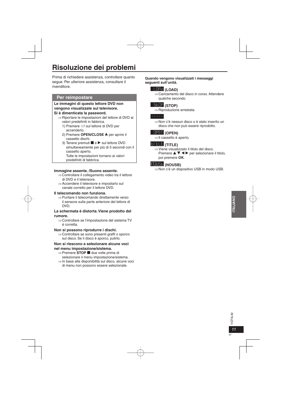 Risoluzione dei problemi, Per reimpostare | Panasonic DVDS68EG User Manual | Page 47 / 80