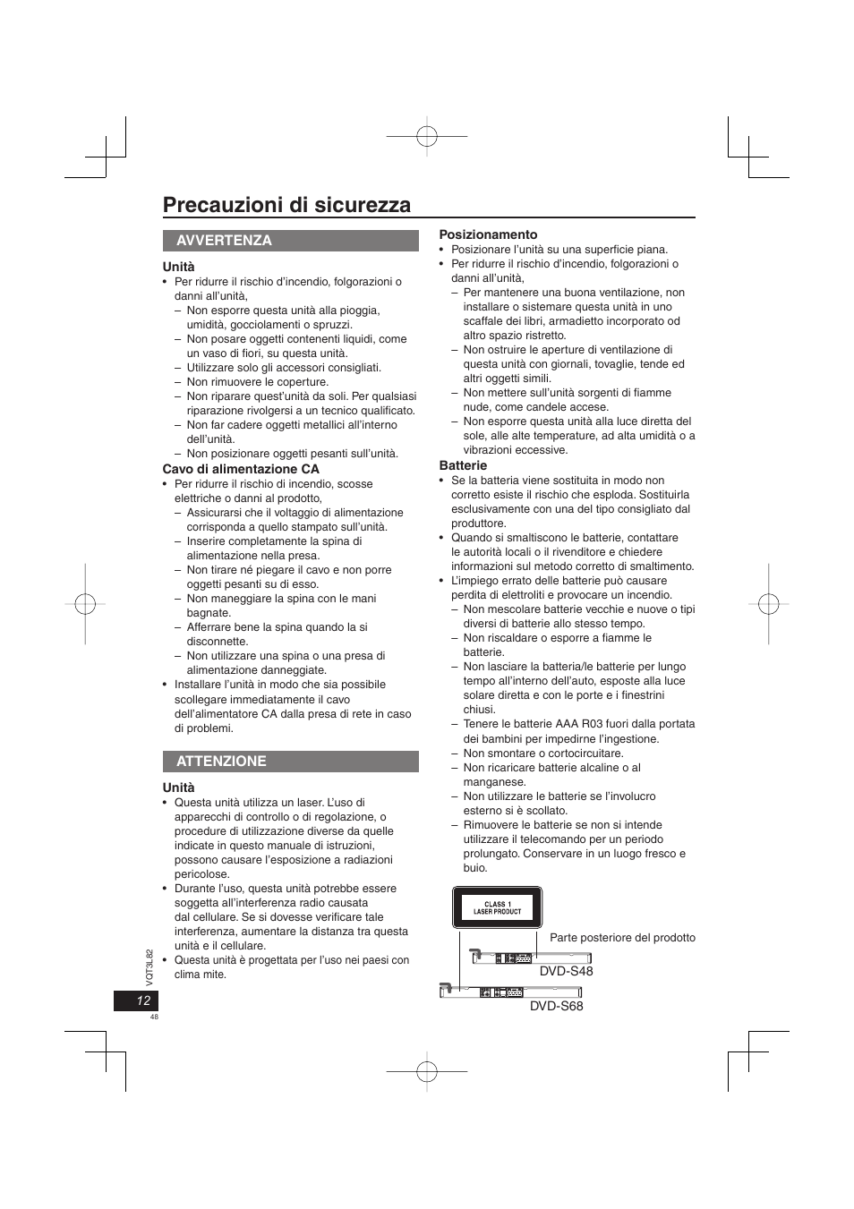 Precauzioni di sicurezza, Avvertenza, Attenzione | Panasonic DVDS68EG User Manual | Page 48 / 80