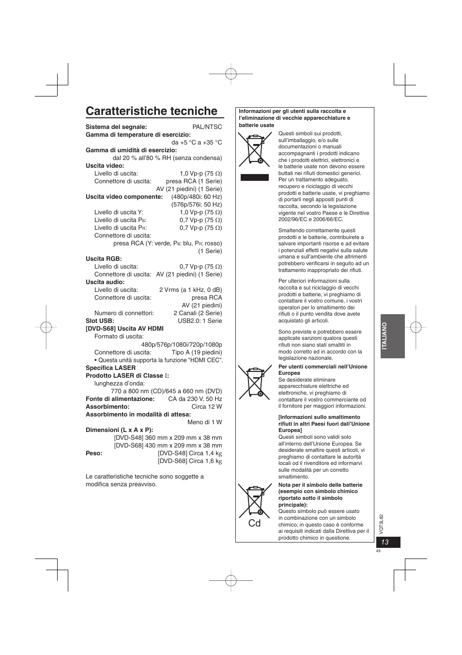 Caratteristiche tecniche | Panasonic DVDS68EG User Manual | Page 49 / 80