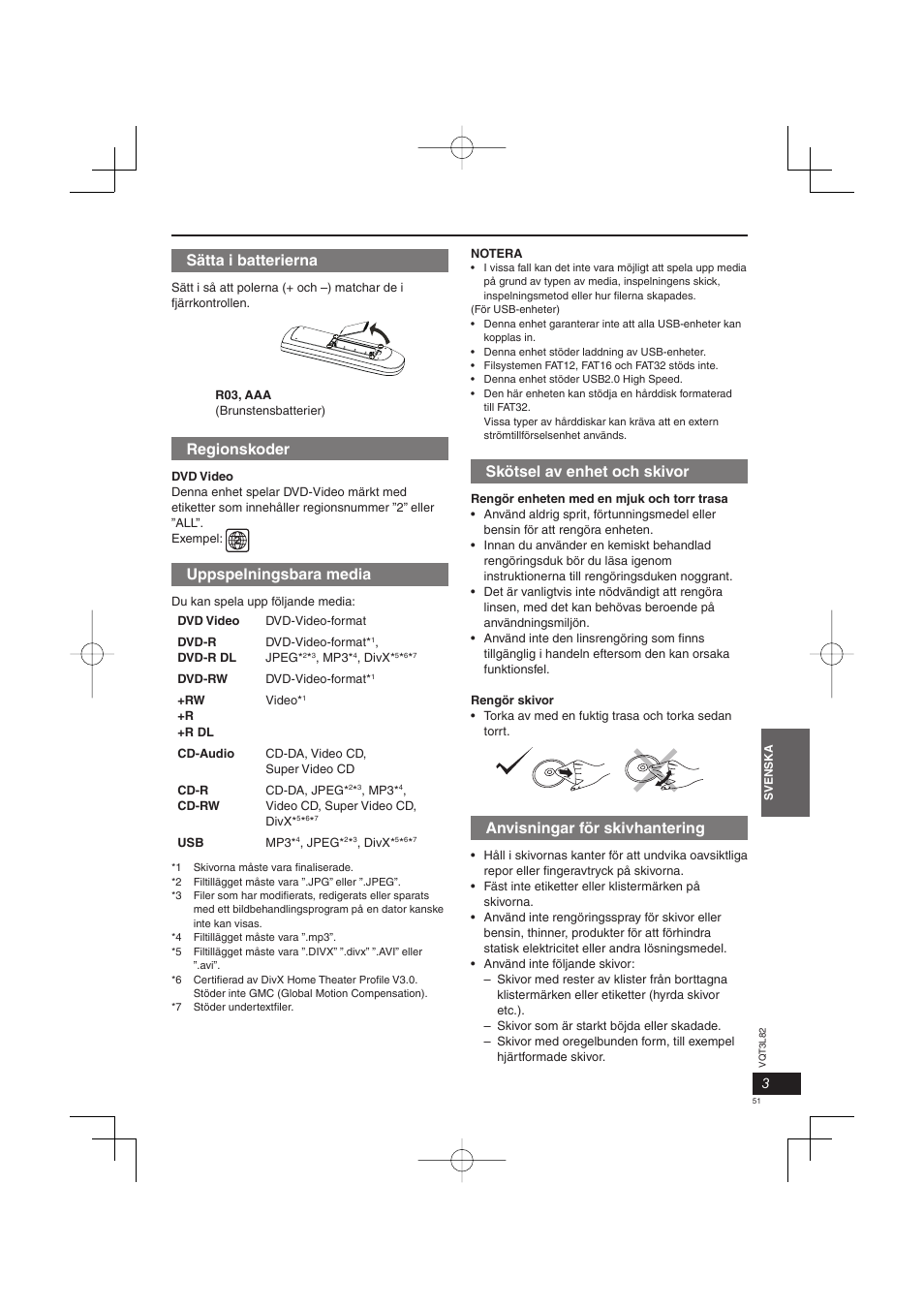 Skötsel av enhet och skivor, Anvisningar för skivhantering, Sätta i batterierna | Regionskoder, Uppspelningsbara media | Panasonic DVDS68EG User Manual | Page 51 / 80