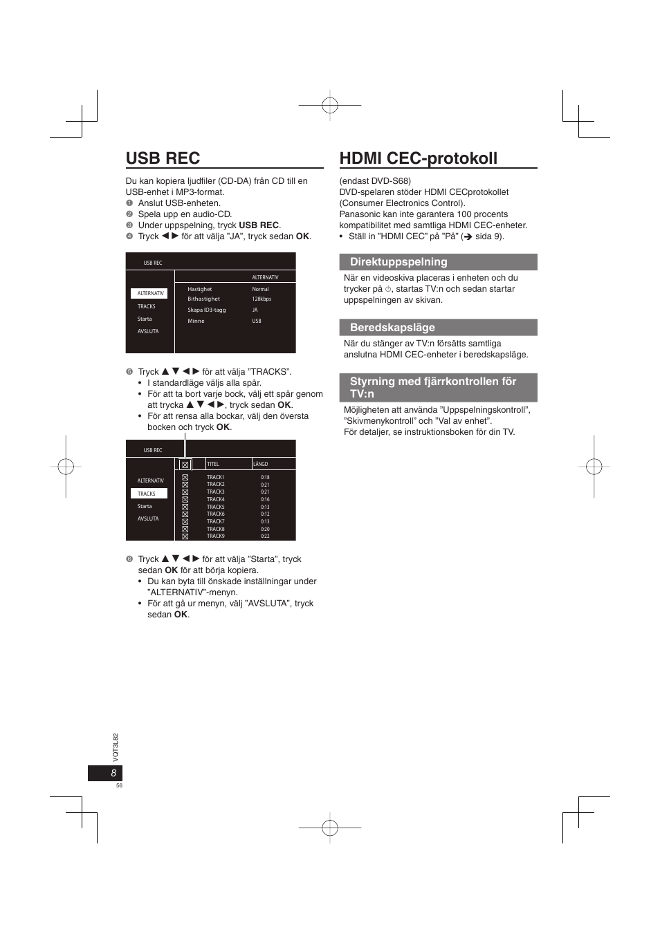 Usb rec hdmi cec-protokoll, Direktuppspelning, Beredskapsläge | Styrning med fjärrkontrollen för tv:n | Panasonic DVDS68EG User Manual | Page 56 / 80