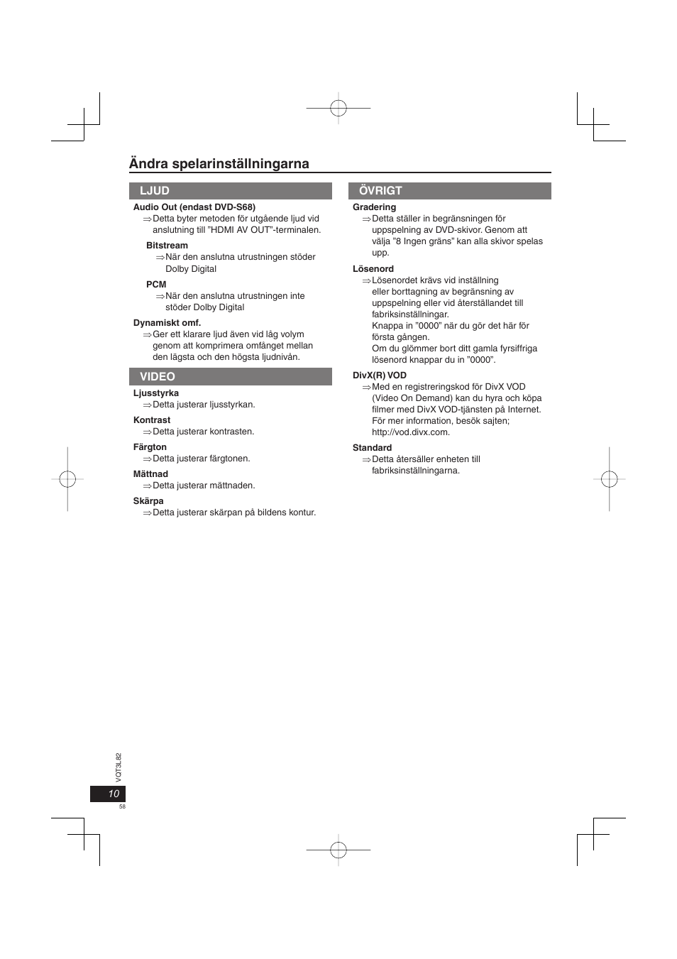 Ändra spelarinställningarna, Ljud, Video | Övrigt | Panasonic DVDS68EG User Manual | Page 58 / 80