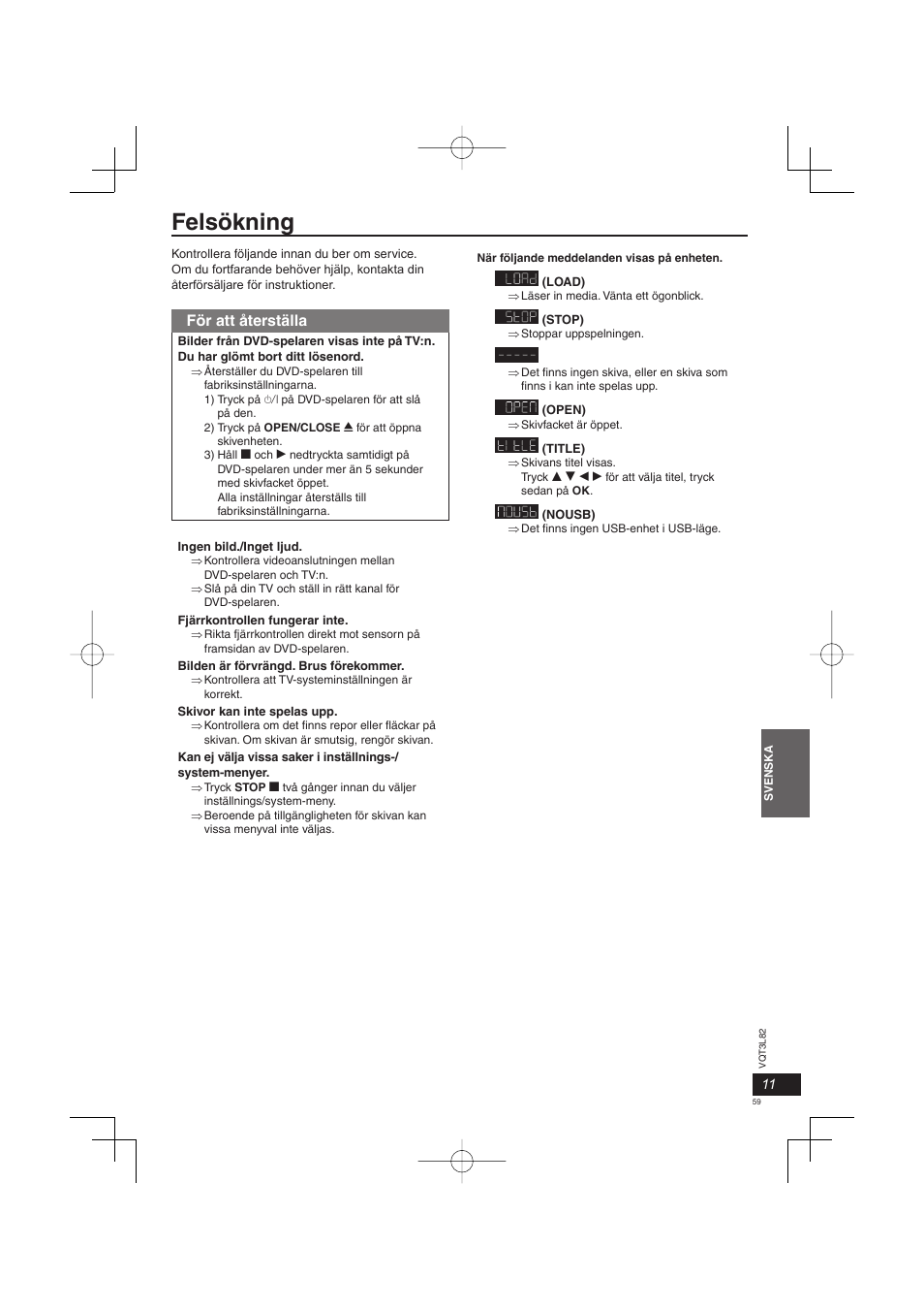 Felsökning, För att återställa | Panasonic DVDS68EG User Manual | Page 59 / 80