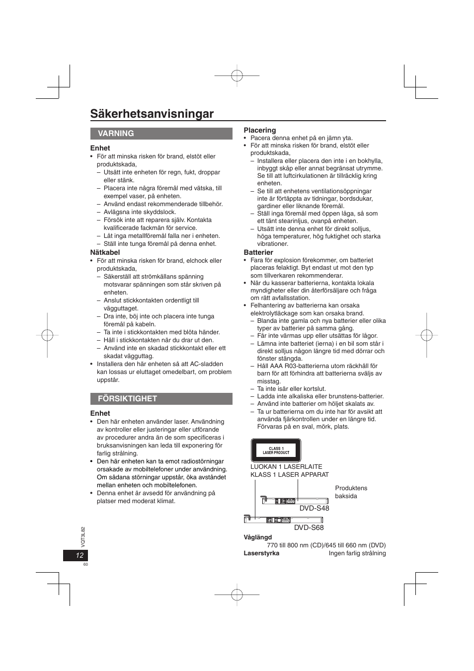 Säkerhetsanvisningar, Varning, Försiktighet | Panasonic DVDS68EG User Manual | Page 60 / 80