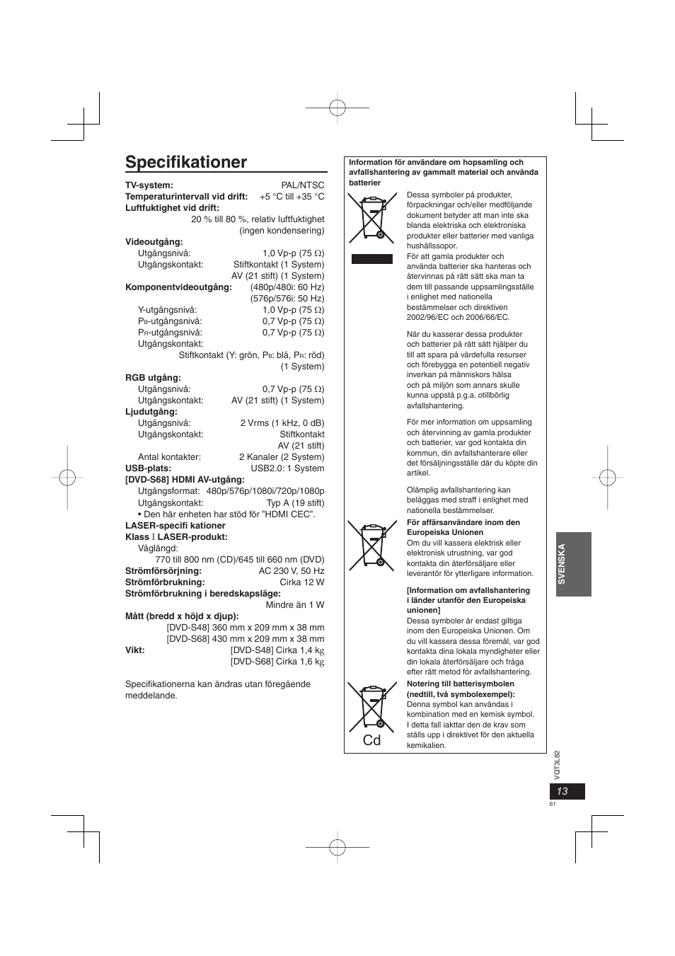 Specifi kationer | Panasonic DVDS68EG User Manual | Page 61 / 80