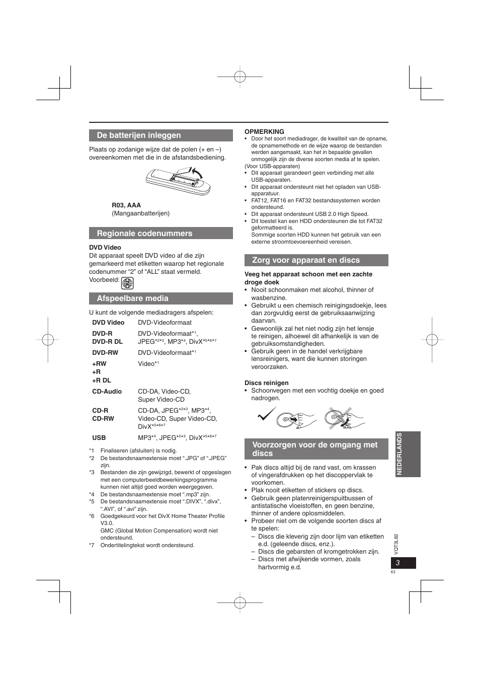 Zorg voor apparaat en discs, Voorzorgen voor de omgang met discs, De batterijen inleggen | Regionale codenummers, Afspeelbare media | Panasonic DVDS68EG User Manual | Page 63 / 80