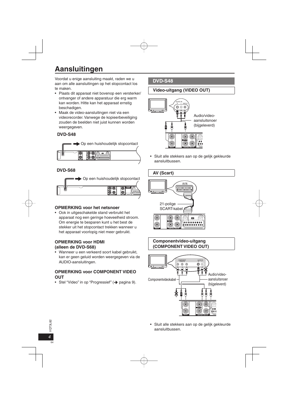 Aansluitingen, Dvd-s48, Video out | Video o ut, Dvd-s68 dvd-s48, Opmerking voor het netsnoer, Opmerking voor hdmi (alleen de dvd-s68), Opmerking voor component video out, Video-uitgang (video out), Av (scart) | Panasonic DVDS68EG User Manual | Page 64 / 80