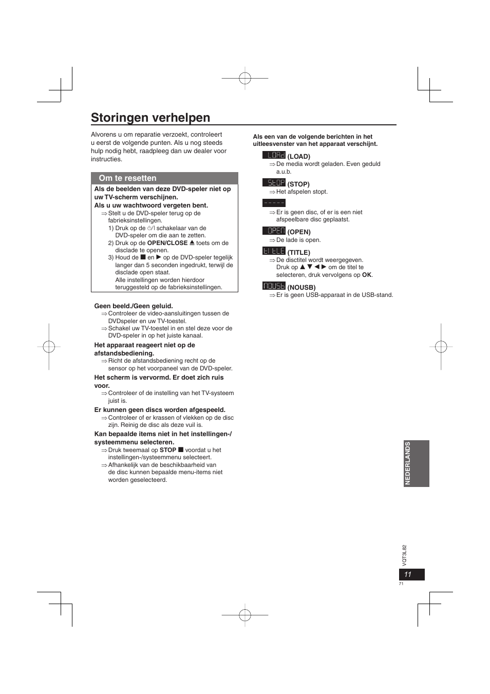 Storingen verhelpen, Om te resetten | Panasonic DVDS68EG User Manual | Page 71 / 80