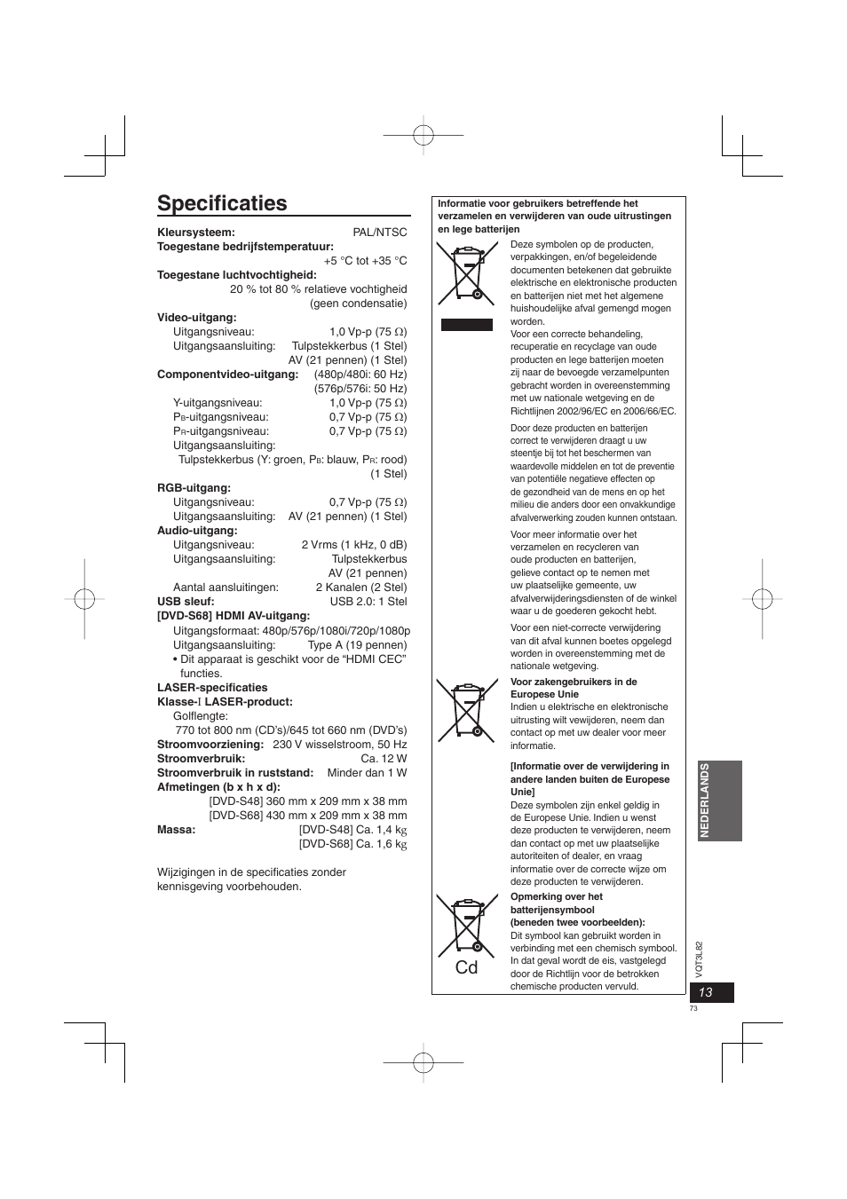 Specifi caties | Panasonic DVDS68EG User Manual | Page 73 / 80