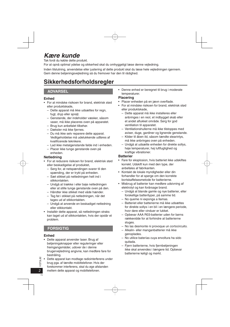 Vqt3l82_dvd-s68-s48_eg-da_101225.pdf, Kære kunde, Sikkerhedsforholdsregler | Advarsel, Forsigtig | Panasonic DVDS68EG User Manual | Page 74 / 80