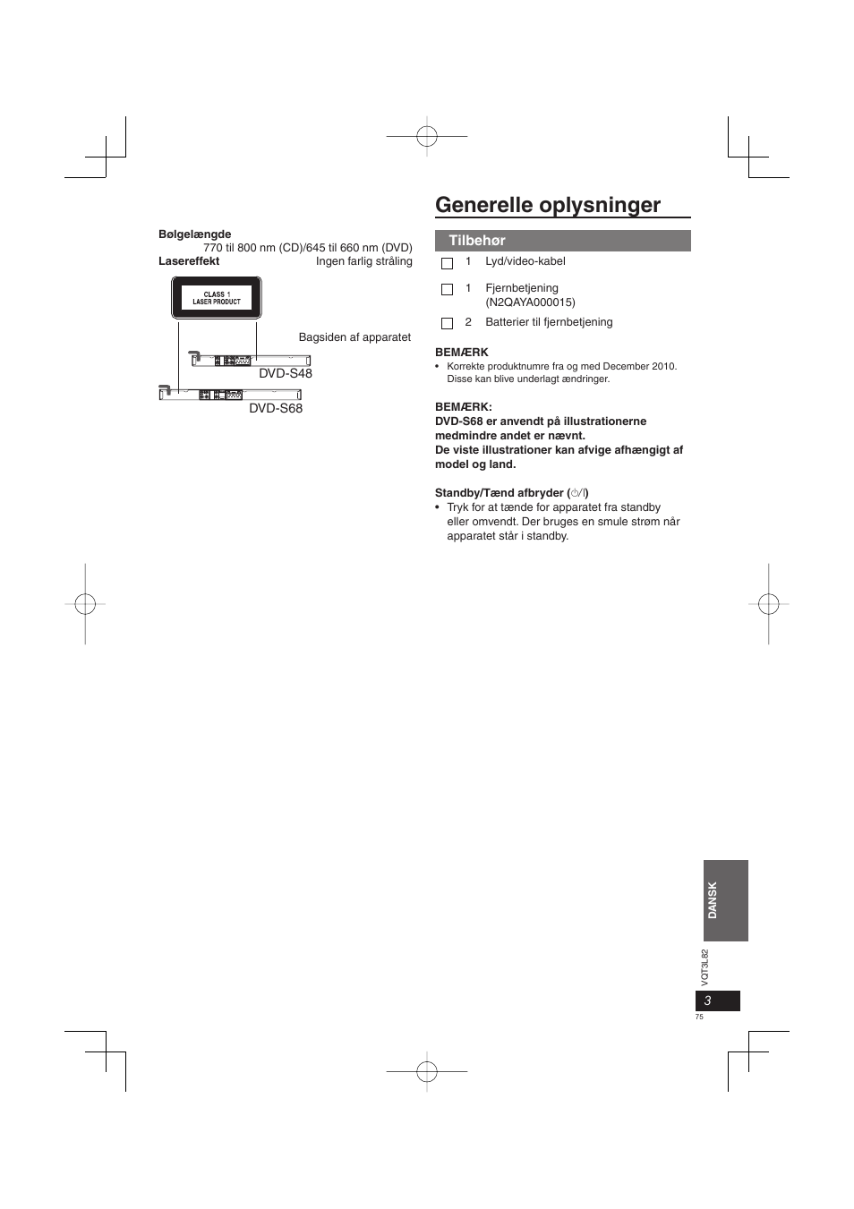 Generelle oplysninger, Tilbehør | Panasonic DVDS68EG User Manual | Page 75 / 80