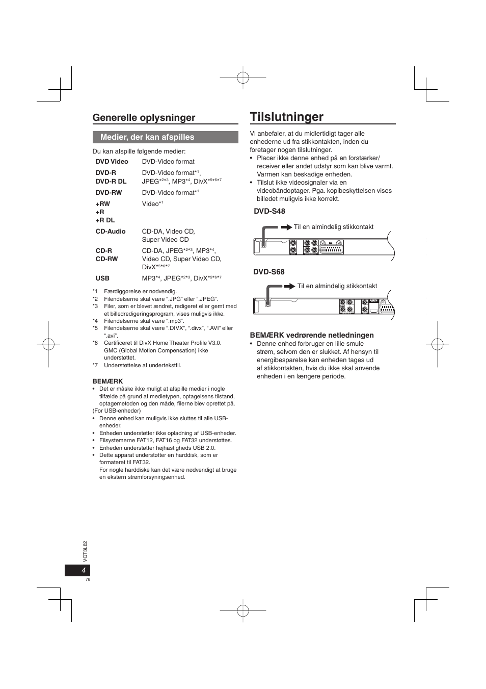 Tilslutninger, Generelle oplysninger, Medier, der kan afspilles | Video out, Video o ut, Dvd-s68 dvd-s48, Bemærk vedrørende netledningen | Panasonic DVDS68EG User Manual | Page 76 / 80