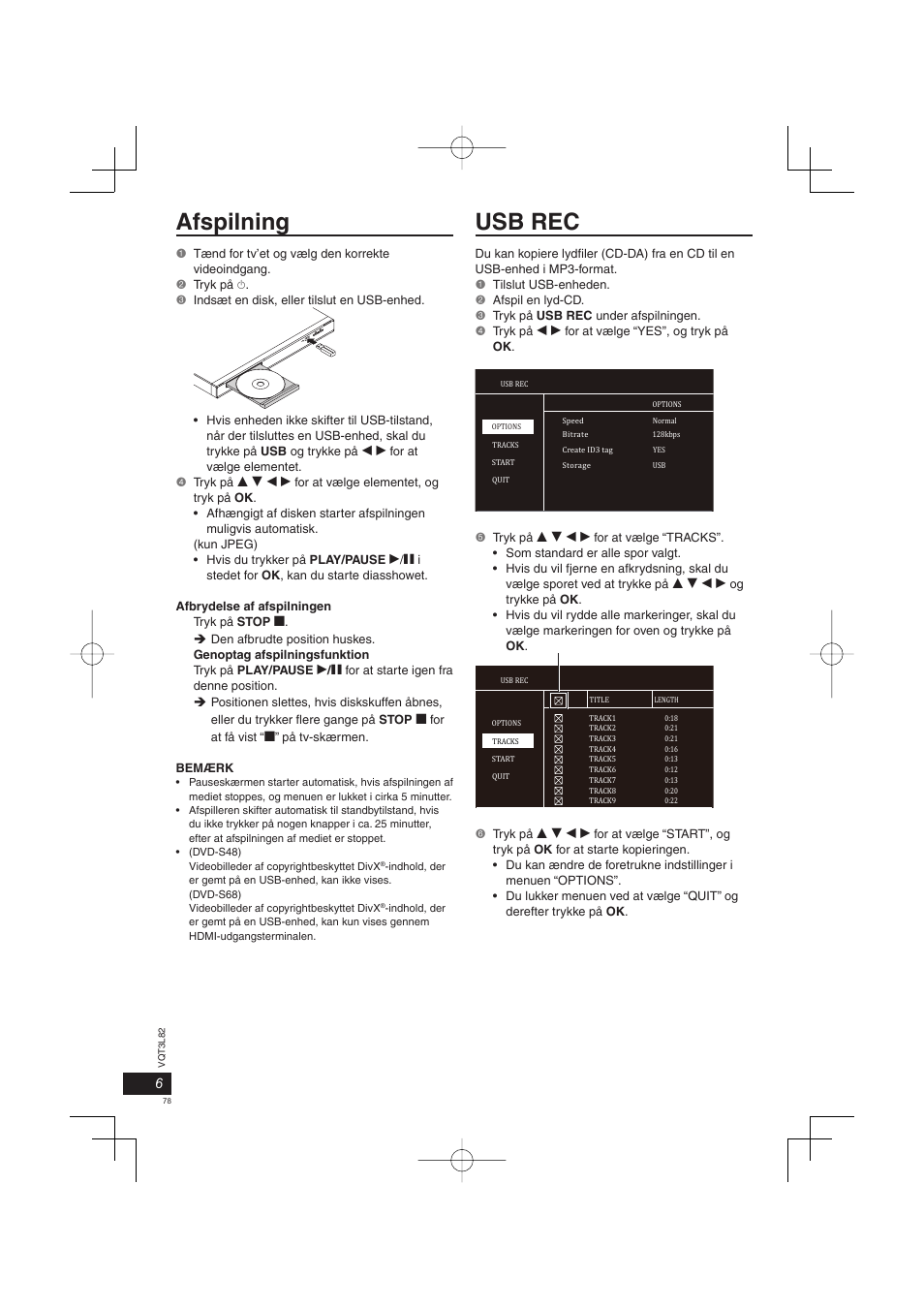 Afspilning, Usb rec | Panasonic DVDS68EG User Manual | Page 78 / 80