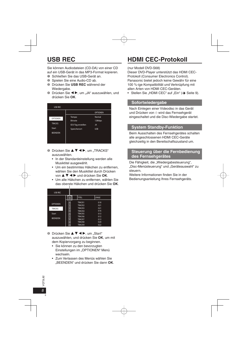 Usb rec hdmi cec-protokoll, Sofortwiedergabe, System standby-funktion | Panasonic DVDS68EG User Manual | Page 8 / 80