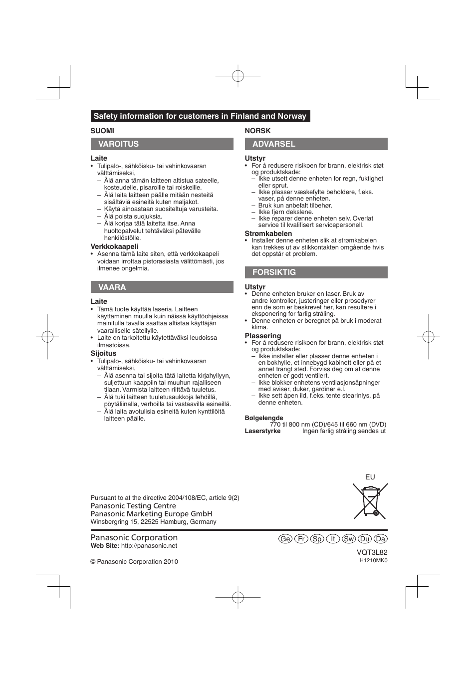 Varoitus, Vaara, Advarsel | Forsiktig | Panasonic DVDS68EG User Manual | Page 80 / 80