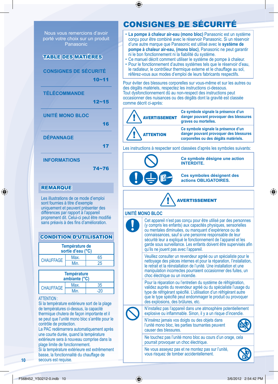 Consignes de sécurité | Panasonic WHMHF09D3E8 User Manual | Page 10 / 76